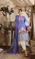 Digitally printed front on lawn: 1.25m Digitally printed back on lawn: 1.25m Digitally printed sleeves on lawn: 0.65m  Dyed pants: 2.5m Printed Dupatta on chiffon (blended): 2.5m