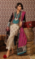 Digitally printed front on lawn: 1.25m Digitally printed back on lawn: 1.25m Digitally printed sleeves on lawn: 0.65m Embroidered neckline on organza Printed pants: 2.5m Digitally printed Dupatta on lawn: 2.5m