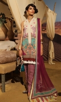 Digitally printed front on lawn: 1.25m Digitally printed back on lawn: 1.25m Digitally printed sleeves on lawn: 0.65m  Embroidered neckline on organza Printed pants: 2.5m Printed Dupatta on chiffon (blended): 2.5m