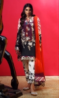 Digitally printed front on LAWN: 1.15m Digitally printed back on LAWN: 1.15m Digitally printed sleeves on LAWN: 0.6m Printed Dupata on silver chiffon: 2.4m Embroidery on organza Printed cotton shalwar: 2.4m