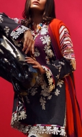 Digitally printed front on LAWN: 1.15m Digitally printed back on LAWN: 1.15m Digitally printed sleeves on LAWN: 0.6m Printed Dupata on silver chiffon: 2.4m Embroidery on organza Printed cotton shalwar: 2.4m
