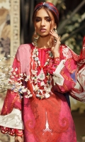 Digitally printed front on LAWN: 1.15m Digitally printed back on LAWN: 1.15m Digitally printed sleeves on LAWN: 0.6m Printed Dupatta on silver chiffon: 2.4m Embroidered neck on organza