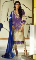 Digitally printed front on LAWN: 1.15m Digitally printed back on LAWN: 1.15m Digitally printed sleeves on LAWN: 0.6m Printed Dupatta on silver chiffon: 2.4m Embroidered neck on organza 3-dimension flowers on organza