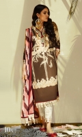 Printed front on LAWN: 1.15m Printed back on LAWN: 1.15m Printed sleeves on LAWN: 0.6m Printed Dupatta on silver chiffon: 2.4m Embroidery neckline on organza Printed cotton shalwar: 2.4mes.