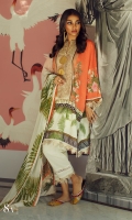 Digitally printed front on LAWN: 1.15m Digitally printed back on LAWN: 1.15m Digitally printed sleeves on LAWN: 0.6m Printed Dupatta on silver chiffon: 2.4m Embroidered neck on organza