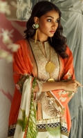 Digitally printed front on LAWN: 1.15m Digitally printed back on LAWN: 1.15m Digitally printed sleeves on LAWN: 0.6m Printed Dupatta on silver chiffon: 2.4m Embroidered neck on organza