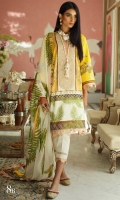 Digitally printed front on LAWN: 1.15m Digitally printed back on LAWN: 1.15m Digitally printed sleeves on LAWN: 0.6m Printed Dupatta on silver chiffon: 2.4m Embroidered neck on organza