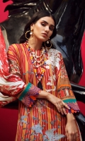 Digitally printed front on LAWN: 1.15m Digitally printed back on LAWN: 1.15m Digitally printed sleeves on LAWN: 0.6m Digitally printed Dupatta on Lawn: 2.4m Embroidery patch on organza