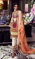 Digitally printed front on LAWN: 1.15m Digitally printed back on LAWN: 1.15m Digitally printed sleeves on LAWN: 0.6m Printed Dupatta on silver chiffon: 2.4m Embroidered neck on organza