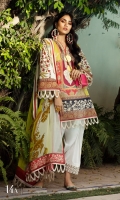Digitally printed front on LAWN: 1.15m Digitally printed back on LAWN: 1.15m Digitally printed sleeves on LAWN: 0.6m Printed Dupatta on silver chiffon: 2.4m Embroidered neck on organza