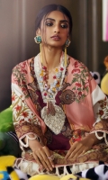 Digitally printed front on LAWN: 1.15m Digitally printed back on LAWN: 1.15m Digitally printed sleeves on LAWN: 0.6m Printed Dupatta on silver chiffon: 2.4m Embroidered neck on organza
