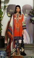 Digitally printed front on LAWN: 1.15m Digitally printed back on LAWN: 1.15m Digitally printed sleeves on LAWN: 0.6m Printed Dupatta on silver chiffon: 2.4m 2 Embroidery patches on organza Printed cotton pants : 2.4m