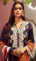 Digitally printed front on LAWN: 1.15m Digitally printed back on LAWN: 1.15m Digitally printed sleeves on LAWN: 0.6m Printed Dupatta on silver chiffon: 2.4m Embroidered neck on organza Printed cotton shalwar : 2.4 m
