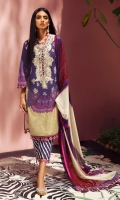 Digitally printed front on LAWN: 1.15m Digitally printed back on LAWN: 1.15m Digitally printed sleeves on LAWN: 0.6m Printed Dupatta on silver chiffon: 2.4m Embroidered neck on organza Printed cotton shalwar: 2.4 m