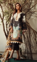 Digitally printed front on LAWN: 1.15m Digitally printed back on LAWN: 1.15m Digitally printed sleeves on LAWN: 0.6m Printed Dupatta on silver chiffon: 2.4m Embroidered neck on organza