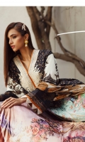 Digitally printed front on LAWN: 1.15m Digitally printed back on LAWN: 1.15m Digitally printed sleeves on LAWN: 0.6m Printed Dupatta on silver chiffon: 2.4m Embroidered neck on organza