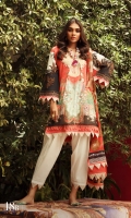 Digitally printed front on LAWN: 1.15m Digitally printed back on LAWN: 1.15m Digitally printed sleeves on LAWN: 0.6m Printed Dupatta on silver chiffon: 2.4m Embroidered neck on organza