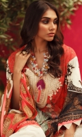 Digitally printed front on LAWN: 1.15m Digitally printed back on LAWN: 1.15m Digitally printed sleeves on LAWN: 0.6m Printed Dupatta on silver chiffon: 2.4m Embroidered neck on organza
