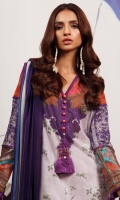 Digitally printed front on LAWN: 1.15m Digitally printed back on LAWN: 1.15m Digitally printed sleeves on LAWN: 0.6m Printed Dupatta on silver chiffon: 2.4m