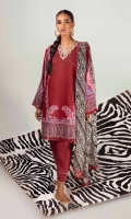Printed  Shirt Front On Lawn	1.20 meters Printed  Shirt Back On Lawn	1.20 meters Printed Sleeves On Lawn	 0.65 meter Embroidered Patti	1 meter Printed Dupatta On Silver Chiffon	2.5 meters Dyed Pants	2.5 meters
