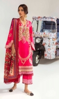 Printed  Shirt Front On Lawn	1.20 meters Printed  Shirt Back On Lawn	1.20 meters Printed Sleeves On Lawn	0.65 meter Embroidered Neck On Organza	  Digitally Printed Dupatta On Lawn	2.5 meters Dyed Pants	2.5 meters