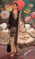 Printed  Shirt Front On Lawn	1.20 meters Printed Shirt Back On Lawn	1.20 meters Printed Sleeves On Lawn	0.65 meter Embroidered Neck On Organza	  Digitally Printed Dupatta On Lawn	2.5 meters Printed Pants	2.5 meters