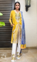 Digitally printed front on LINEN: 1.20m Digitally printed back on LINEN: 1.20m Digitally printed sleeves on LINEN: 0.65m Embroidered neckline on organza Printed pants: 2.5m Printed Dupatta on LINEN: 2.5m