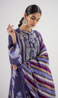 Digital Printed Shirt Front On Slub	1.15 meter Digital Printed Shirt Back On Slub	1.15 meter Digital Printed Sleeves On Slub	0.75 meter Embroidered Neckline On Organza 	1 meter Rotary Printed Khaddar Dupatta 	2.5 meters Dyed cotton Pants	2.5 meters