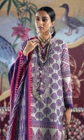 Digital Printed Shirt Front On Slub	1.15 meter Digital Printed Shirt Back On Slub	1.15 meter Digital Printed Sleeves On Slub	0.75 meter Embroidered Neckline On Organza 	1 meter Rotary Printed Khaddar Dupatta 	2.5 meters Dyed cotton Pants	2.5 meters