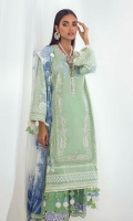 Shirt Front Center Panel Embroidered on Dyed Lawn 	0.33 meter Shirt Front Side Kali Printed on Lawn 	0.33 meter Shirt Front Side Kali Printed on Lawn 	0.33 meter Embroidered Neckline on Lawn  	1 piece Sleeves F/B Printed on Lawn 	0.65 meter Shirt Back F/B Printed on Lawn 	1.25 meters Silver Chiffon Digital Printed Dupatta	2.5 meters Dyed Cotton Pants	2.5 meters