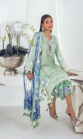 Shirt Front Center Panel Embroidered on Dyed Lawn 	0.33 meter Shirt Front Side Kali Printed on Lawn 	0.33 meter Shirt Front Side Kali Printed on Lawn 	0.33 meter Embroidered Neckline on Lawn  	1 piece Sleeves F/B Printed on Lawn 	0.65 meter Shirt Back F/B Printed on Lawn 	1.25 meters Silver Chiffon Digital Printed Dupatta	2.5 meters Dyed Cotton Pants	2.5 meters
