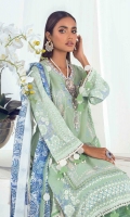 Shirt Front Center Panel Embroidered on Dyed Lawn 	0.33 meter Shirt Front Side Kali Printed on Lawn 	0.33 meter Shirt Front Side Kali Printed on Lawn 	0.33 meter Embroidered Neckline on Lawn  	1 piece Sleeves F/B Printed on Lawn 	0.65 meter Shirt Back F/B Printed on Lawn 	1.25 meters Silver Chiffon Digital Printed Dupatta	2.5 meters Dyed Cotton Pants	2.5 meters