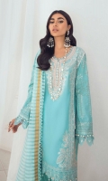 Shirt Front Center Panel Embroidered on Dyed Lawn 	0.33 meter Shirt Front Side Kali ( Left Side) Embroidered on Dyed Lawn	0.33 meter Shirt Front Side Kali ( Right Side) Embroidered on Dyed Lawn 	0.33 meter Shirt Front Daman Paste Printed Border	1 meters Sleeves F/B Paste Printed on Lawn	0.65 meter Back F/B Paste Printed on Lawn 	1.25 meters Woven Stripe Dyed Dupatta 	2.5 meters Paste Printed Cotton Pants	2.5 meters