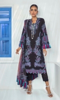 Shirt Front Dyed And Embroidered On Lawn 	1.25 meters Shirt Back F/B Printed On Lawn	1.25 meters Sleeves Dyed And Embroidered On Lawn 	0.65 meter Sleeves Dyed And Embroidered Border On Lawn 	0.33 meter Silver Chiffon F/B Dupatta 	2.5 meters Dyed Cotton Pants 	2.5 meters