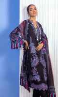 Shirt Front Dyed And Embroidered On Lawn 	1.25 meters Shirt Back F/B Printed On Lawn	1.25 meters Sleeves Dyed And Embroidered On Lawn 	0.65 meter Sleeves Dyed And Embroidered Border On Lawn 	0.33 meter Silver Chiffon F/B Dupatta 	2.5 meters Dyed Cotton Pants 	2.5 meters