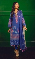 Shirt Front Digital Printed on Lawn 	1.25 meters Shirt Back Digital Printed on Lawn 	1.25 meters Sleeves Embroidered on Lawn	0.65 meter Sleeves Embroidered Border on Lawn 	0.25 meter Embroidered Neckline on Lawn	1 piece Silver Chiffon Digital Printed Dupatta	2.5 meters Dyed Cotton Pants	2.5 meters