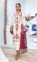 Shirt Front Center Panel Embroidered On Dyed Lawn	0.33 meter Shirt Front Side Panel Embroidered On Dyed Lawn (Right) 	0.33 meter Shirt Front Side Panel Embroidered On Dyed Lawn ( Left) 	0.33 meter Daman Embroidered Border On Organza 	1 meters Sleeves Embroidered On Dyed Lawn	0.65 meter Back F/B Printed On Lawn	1.25 meters Silver Chiffon F/B Printed Dupatta 	2.5 meters Dyed Cotton Pants	2.5 meters