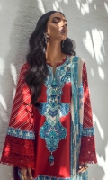 Dyed Shirt Front On Dobby	1.15 meters Dyed Shirt Back On Dobby	1.15 meters Paste Printed Sleeves On Dobby	0.65 meter Embroidered Neck On Lawn	  Embroidered Border Patti On Lawn	5 meters Printed Dupatta On Silver Chiffon	2.5 meters Printed Cotton Pants 	2.5 meters