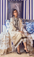 Gold Block Printed Front On Lawn	1.2 meters Gold Block Printed Back On Lawn	1.2 meters Gold Block Printed Sleeves On Lawn	0.65 meter Embroidered Neck On Lawn	  Printed Border On Lawn	3 meters Woven Gold Block Printed Dupatta 	2.5 meters Dyed Cotton Pants	2.5 meters