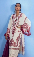 Shirt Front Center Panel Embroidered On Dyed Lawn	0.33 meter Shirt Front Side Panel Embroidered On Dyed Lawn (Right) 	0.33 meter Shirt Front Side Panel Embroidered On Dyed Lawn ( Left) 	0.33 meter Daman Embroidered Border On Organza 	1 meters Sleeves Embroidered On Dyed Lawn	0.65 meter Back F/B Printed On Lawn	1.25 meters Silver Chiffon F/B Printed Dupatta 	2.5 meters Dyed Cotton Pants	2.5 meters