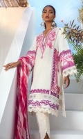 3 Embroidered Panel On Lawn	1 meters Dyed Back On Lawn	1 meters Dyed Sleeves On Lawn	0.65 meter Embroidered Sleeves Border On Lawn	1 meters Printed Border On Lawn	3 meters Printed Dupatta On Silver Chiffon	2.5 meters Dyed Cotton Pants	2.5 meters