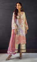 Embroidered Front On Lawn	1 meters Dyed Back On Lawn	1 meters Dyed Sleeves On Lawn	0.65 meter 2 Embroidered Borders For Sleeves On Organza	  Embroidered Neck On Organza	  Embroidered Daman On Organza	  Printed Border On Lawn	3 meters Printed Dupatta On Silver Chiffon	2.5 meters Dyed Cotton Pants	2.5 meters