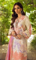 Embroidered Front On Lawn	1 meters Dyed Back On Lawn	1 meters Dyed Sleeves On Lawn	0.65 meter 2 Embroidered Borders For Sleeves On Organza	  Embroidered Neck On Organza	  Embroidered Daman On Organza	  Printed Border On Lawn	3 meters Printed Dupatta On Silver Chiffon	2.5 meters Dyed Cotton Pants	2.5 meters