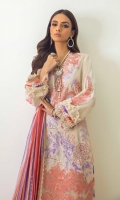 Embroidered Front On Lawn	1 meters Dyed Back On Lawn	1 meters Dyed Sleeves On Lawn	0.65 meter 2 Embroidered Borders For Sleeves On Organza	  Embroidered Neck On Organza	  Embroidered Daman On Organza	  Printed Border On Lawn	3 meters Printed Dupatta On Silver Chiffon	2.5 meters Dyed Cotton Pants	2.5 meters