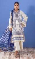 3 Embroidered Front Panel On Lawn	1.12 meters Dyed Back On Lawn	1.12 meters Embroidered Sleeves On Lawn	0.65 meter Embroidered Border On Lawn	  1 Embroidered Kuful On Organza	  Printed Dupatta On Silver Chiffon	2.5 meters Dyed Cotton Pants	2.5 meters