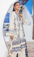 3 Embroidered Front Panel On Lawn	1.12 meters Dyed Back On Lawn	1.12 meters Embroidered Sleeves On Lawn	0.65 meter Embroidered Border On Lawn	  1 Embroidered Kuful On Organza	  Printed Dupatta On Silver Chiffon	2.5 meters Dyed Cotton Pants	2.5 meters