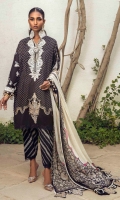 Gold Printed Front On Lawn	1.12 meters Gold Printed Back On Lawn	1.12 meters Gold Printed Sleeves On Lawn	0.65 meter Embroidered Neck On Organza	  Printed Dupatta On Silver Chiffon	2.5 meters Printed Cotton Pants	2.5 meters