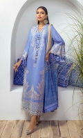 Shirt Front Center Panel Embroidered On Dyed Lawn	0.33 meter Shirt Front Side Panel Embroidered On Dyed Lawn (Right) 	0.33 meter Shirt Front Side Panel Embroidered On Dyed Lawn ( Left) 	0.33 meter Daman Embroidered Border On Organza 	1 meters Sleeves Embroidered On Dyed Lawn	0.65 meter Back F/B Printed On Lawn	1.25 meters Silver Chiffon F/B Printed Dupatta 	2.5 meters Dyed Cotton Pants	2.5 meters