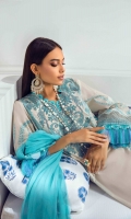 Printed Shirt Front On Lawn	1.15 meters Printed Shirt Back On Lawn	1.15 meters Printed Sleeves On Lawn	0.65 meter Embroidered Border On Organza	1 meters Embroidered Neck On Organza	  Embroidered Daman On Lawn	1 meters Printed Dupatta On Silver Chiffon	2.5 meters Dyed Cotton Pants	2.5 meters