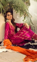 Printed Front On Lawn	1.15 meters Printed Back On Lawn	1.15 meters Printed Sleeves On Lawn	0.65 meter Embroidered Border On Organza	1 meters Embroidered Neck On Organza	  Embroidered Daman On Lawn	1 meters Printed Dupatta On Silver Chiffon	2.5 meters Dyed Cotton Pants	2.5 meters